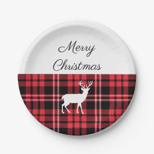 Tartan Plaid Red Christmas White Deer Paper Plates