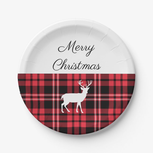 Tartan Plaid Red Christmas White Deer Paper Plates (Front)