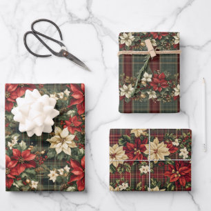 Tartan Plaid & Red Poinsettia Christmas Holiday Wrapping Paper Sheets