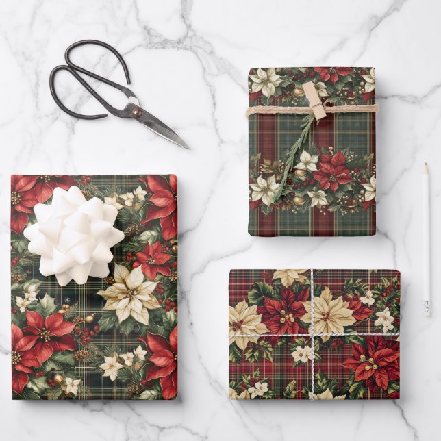 Tartan Plaid & Red Poinsettia Christmas Holiday Wrapping Paper Sheets (Front)