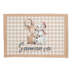 Tartan plaid reindeer snowman  beige white name pillow case
