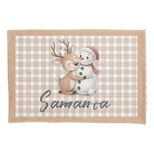 Tartan plaid reindeer snowman  beige white name pillow case (Front)