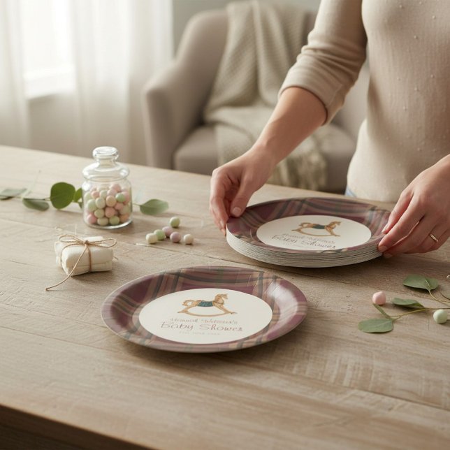 Tartan Plaid Rocking Horse Baby Shower Paper Plates (Creator Uploaded)