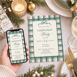 Tartan Plaid Sage Green Cream Bow Christmas Party Invitation