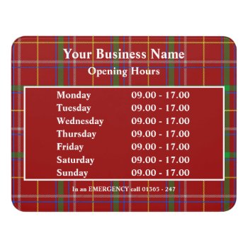 Tartan Plaid Shop Business Opening Hours Times Door Sign by customizedgifts at Zazzle