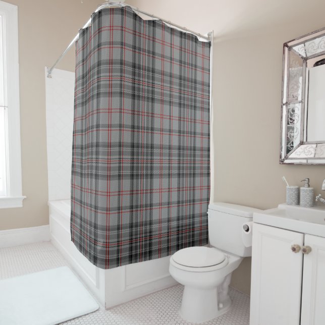 Tartan Plaid Taupe Gray Red Black Large Pattern Shower Curtain (In Situ)