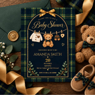 Tartan Plaid Teddy Bear Boy Baby Shower Invitation