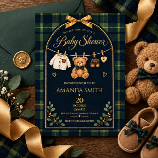 Tartan Plaid Teddy Bear Boy Baby Shower Invitation