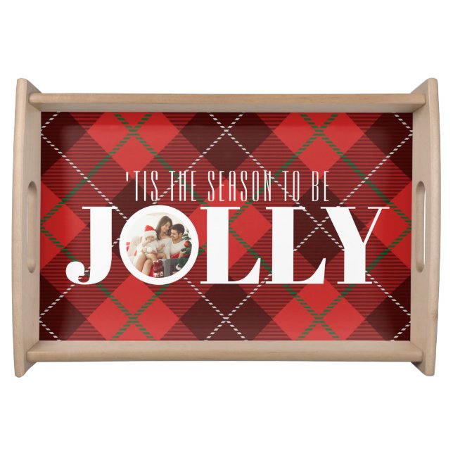 Tartan Plaid Tis The Season Christmas Family Photo Serving Tray (Front)