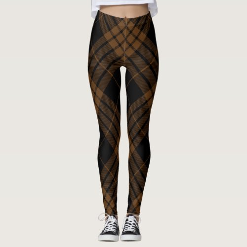 Tartan Plaid Trendy Diagonal Black Brown Leggings