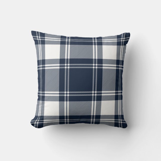 Tartan Plaid Trendy Scottish Blue White Throw Pillow (Front)