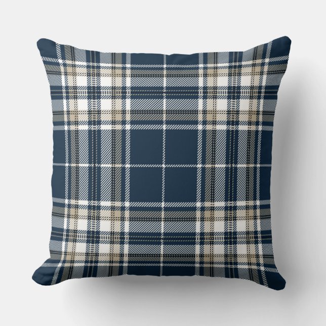 Tartan Plaid Trendy Scottish Blue White Throw Pillow (Front)