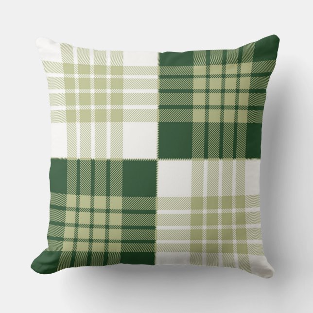 Tartan Plaid Trendy Scottish Green White Pattern Throw Pillow (Front)