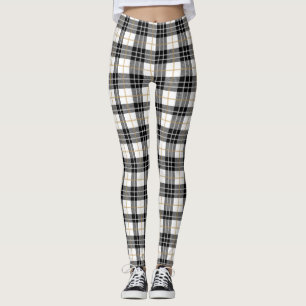 Tartan Plaid White, Black, & Gold Christmas Leggings