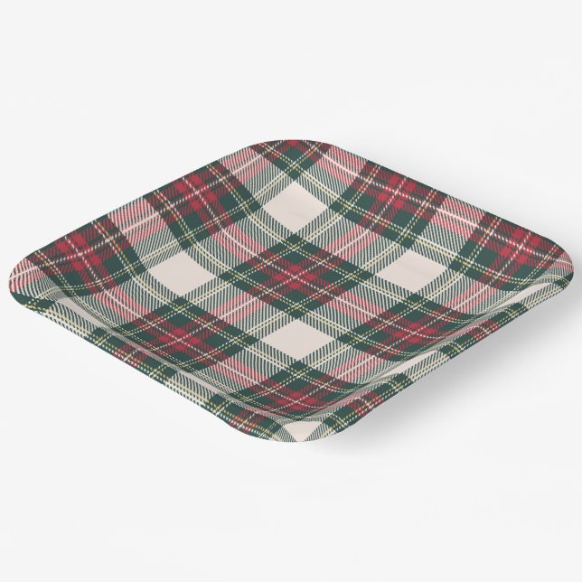 Tartan Plaid White Green Red Christmas Festive  Paper Plates (Angled)