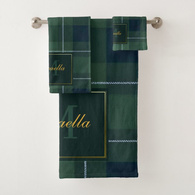 Tartan Polo Plaid Vintage Monogram Dark Green Bath Towel Set (Insitu)