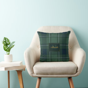 Tartan Polo Plaid Vintage Monogram Dark Green Throw Pillow
