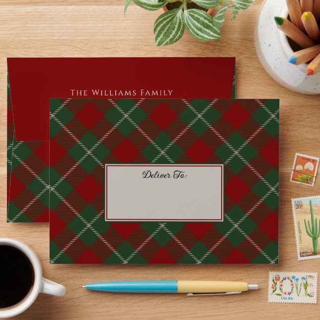 Tartan Red and Green Plaid Holiday Party Envelope (Desk)
