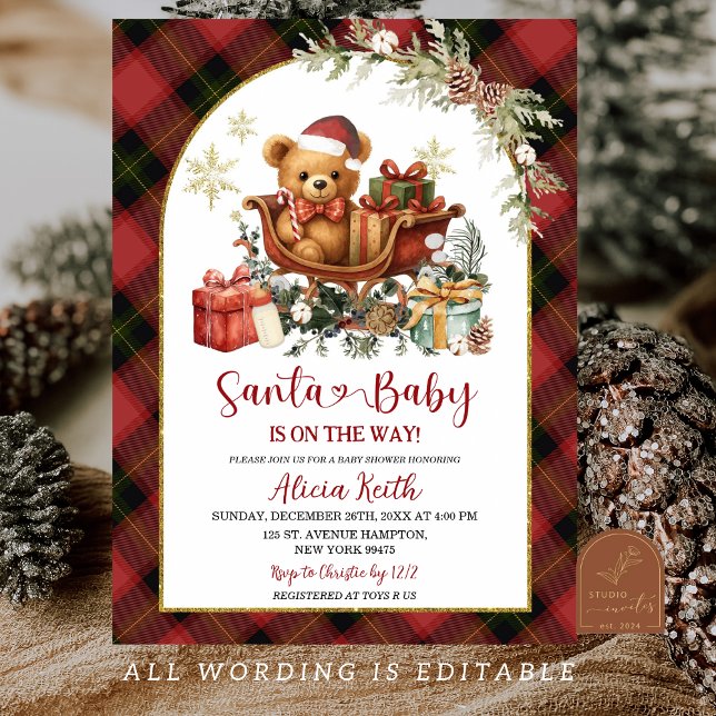 Tartan Red Christmas Santa Bear Baby Shower  Invitation (Creator Uploaded)