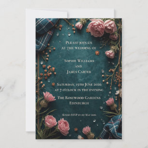 Tartan Rose Botanical Teal Wedding Invitation