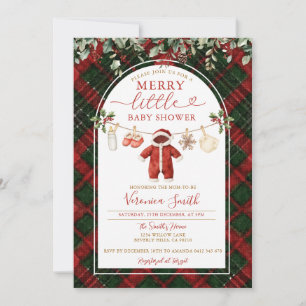 Tartan Santa Clothesline Merry Little Baby Shower Invitation