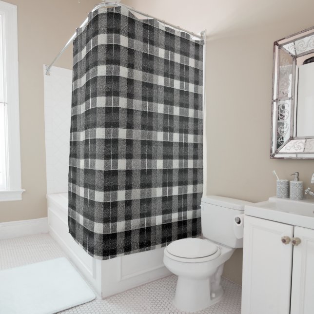 Tartan Scotland Plaid Black White Gray Checker   Shower Curtain (In Situ)