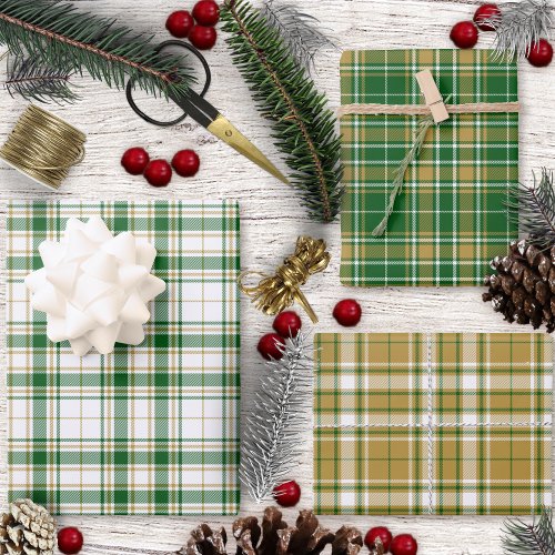 Tartan Set _ Caramel Gold_White_Green Wrapping Paper Sheets