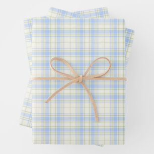Tartan -Sky Blue-Sage Green-Extra Light Ivory Wrapping Paper Sheets