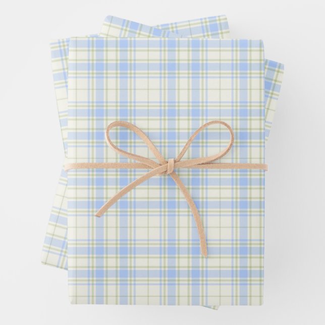 Tartan -Sky Blue-Sage Green-Extra Light Ivory Wrapping Paper Sheets (In situ)