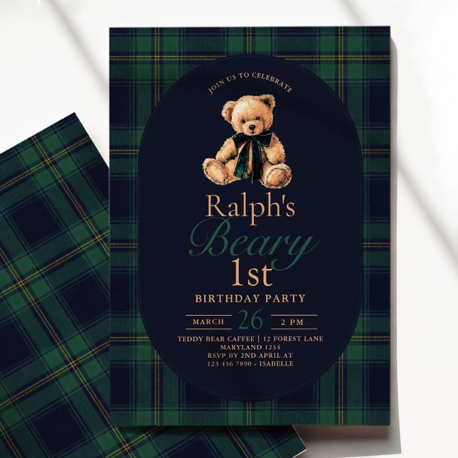 Tartan Teddy Bear 1st Birthday Invitation (Creator Uploaded)