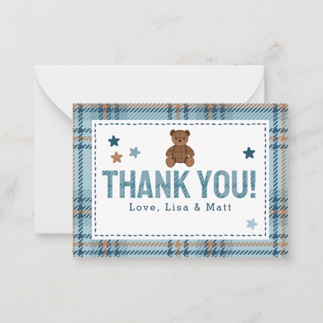 Tartan Teddy Bear 1st Birthday or Baby Shower Note Card (Front)