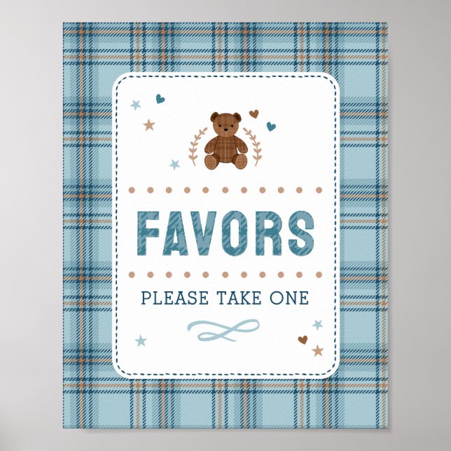 Tartan Teddy Bear, Baby Boy Shower FAVOR SIGN (Front)