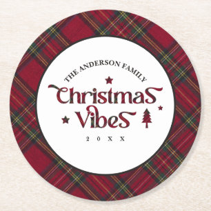 Tartan Treasures: Retro Christmas Vibes Round Paper Coaster