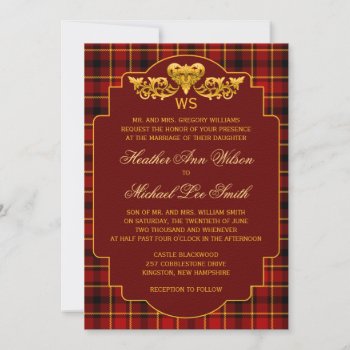Tartan Wedding Red Black Gold Plaid Pattern Colors Invitation by PineAndBerry at Zazzle