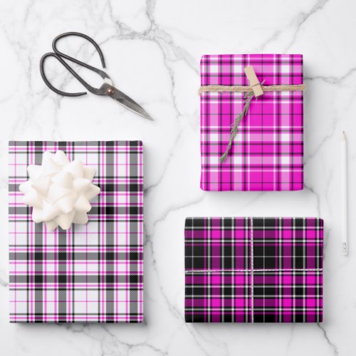 Tartan _ White_Black_Hot Pink Different Wrapping Paper Sheets