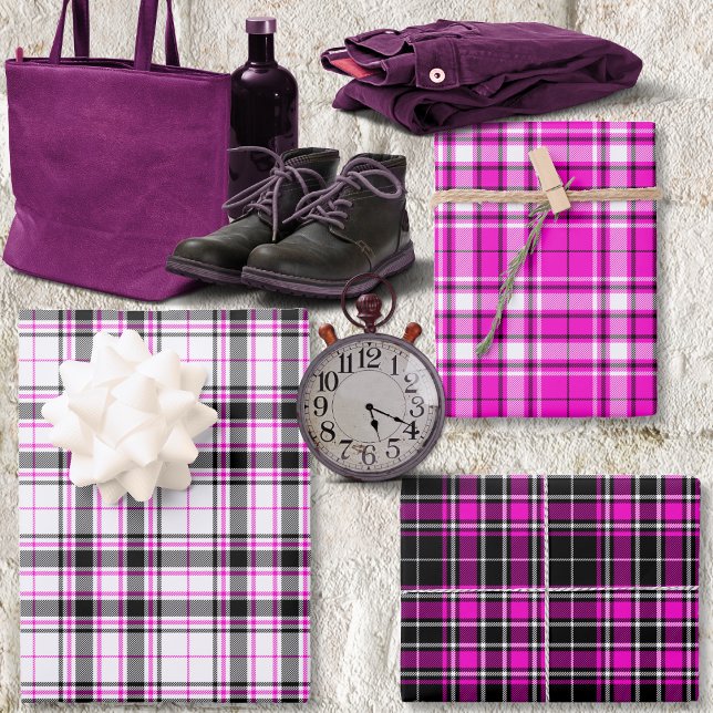 Tartan - White-Black-Hot Pink Different Wrapping Paper Sheets (Tartan - White-Black-Hot Pink Different Wrapping Paper Sheets by Leapfroglisics Shop)
