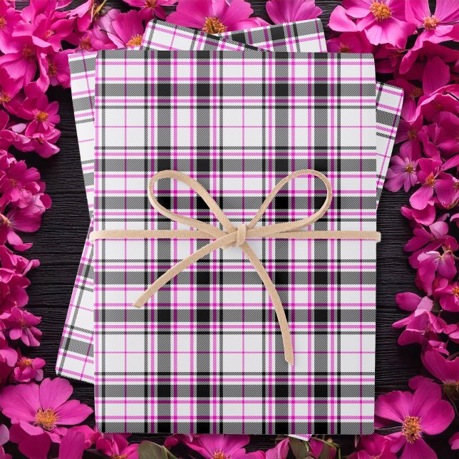 Tartan - White-Black-Hot Pink Wrapping Paper Sheets (Tartan - White-Black-Hot Pink Wrapping Paper Sheets by Leapfroglisics Shop)