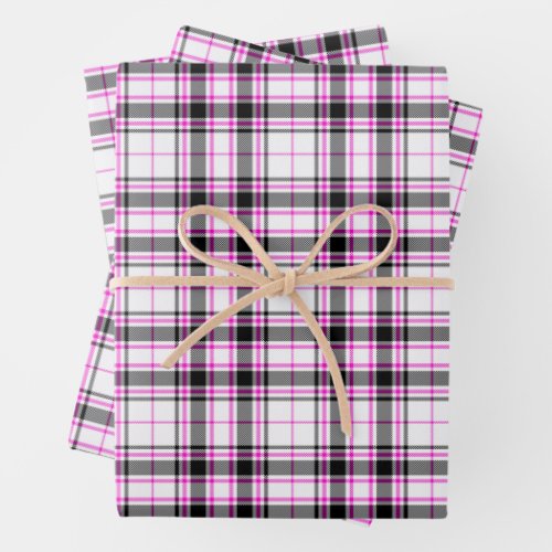 Tartan _ White_Black_Hot Pink Wrapping Paper Sheets