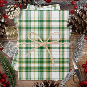 Tartan - White-Green-Caramel Gold Wrapping Paper Sheets