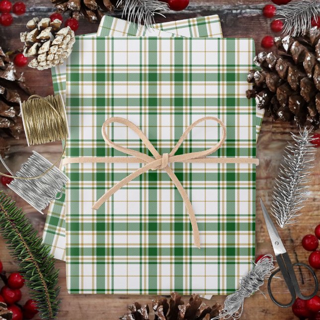 Tartan - White-Green-Caramel Gold Wrapping Paper Sheets (Tartan - White-Green-Caramel Gold Wrapping Paper Sheets by Leapfroglisics Shop)