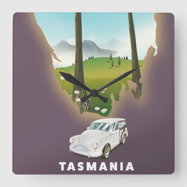Tasmania illustrated map travel poster. square wall clock (Front)