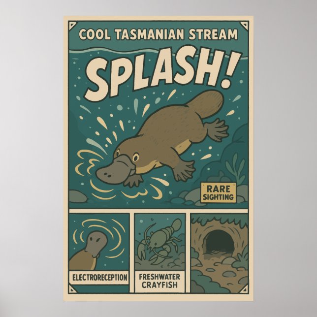 Tasmanian Platypus Splash Retro Art Poster (Front)