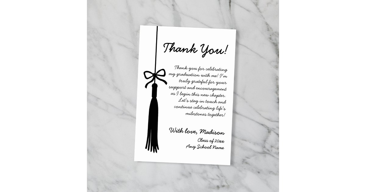 Tassel Bow Black & White Class Of 2026 Graduation Thank You Card | Zazzle