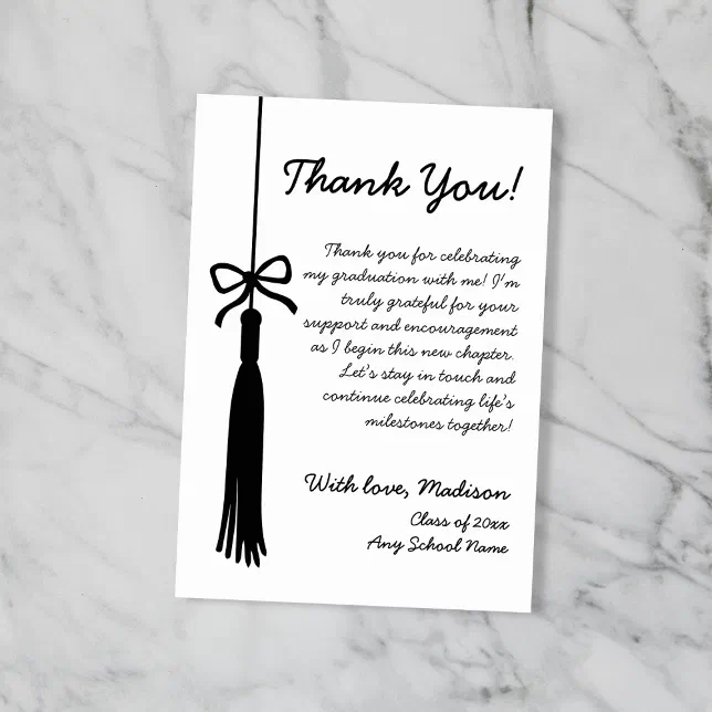 Tassel Bow Black & White Class Of 2026 Graduation Thank You Card | Zazzle