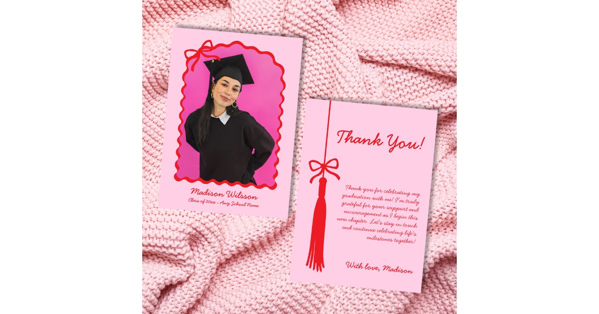 Tassel & Bow Pink & Red Grad Photo 2025 Graduation Thank You Card | Zazzle