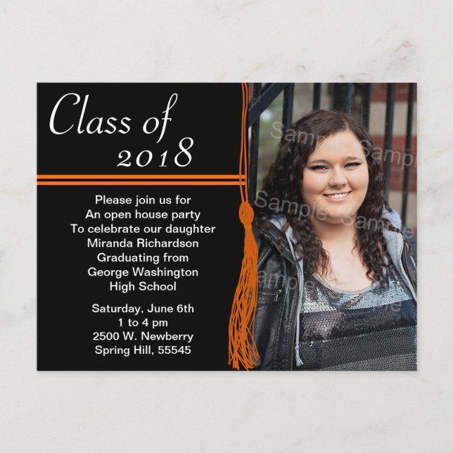 Tassel Orange & Black Graduation Party Invitation Postcard (Front)