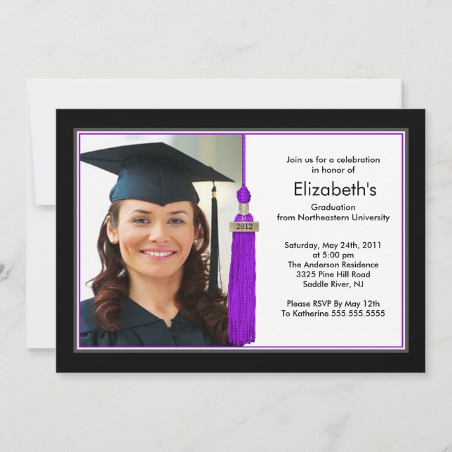 Tassel Photo Graduation Invitation Black & Purple (Front)
