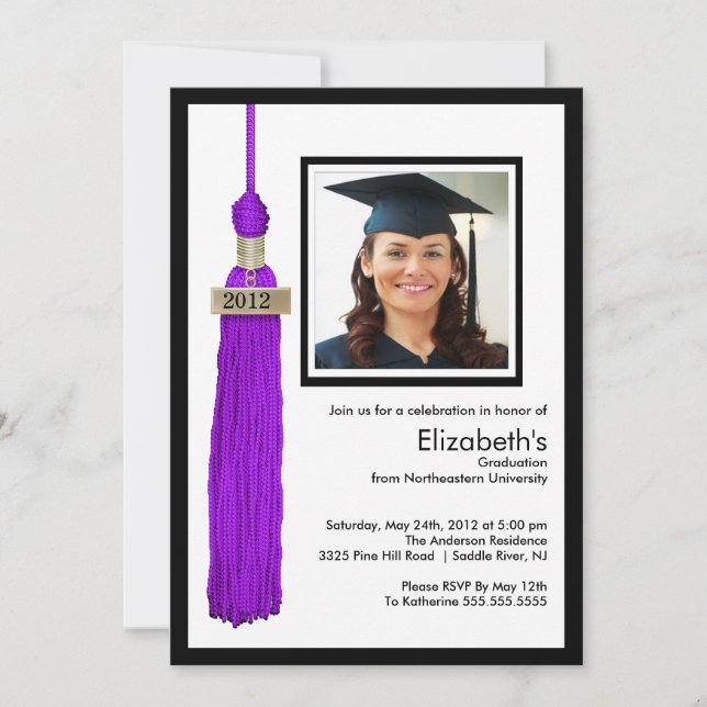 Tassel Photo Graduation Invitation Purple & White (Front)