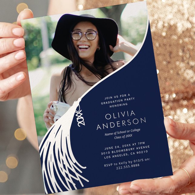Tassel Photo Navy Silver Graduation Party Foil Invitation (Creator Uploaded)