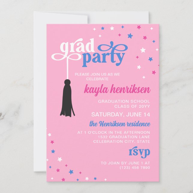 Tassel & Stars Pink Blue Retro Script Grad Party Invitation (Front)